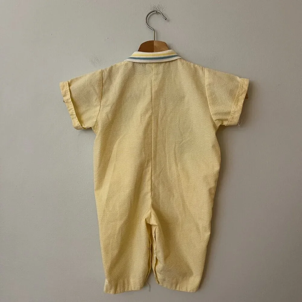 Vintage Yellow Seersucker Puppy Kitten Romper Size 6-9 Months